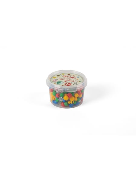 Gennemsigtig plastikbøtte fyldt med små farverige perler i regnbuens farver.